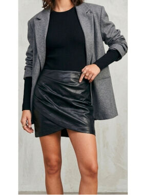 Stradivarius Black Faux Leather Ruched Mini Skirt Asymmetric Wrap Size 2 XS